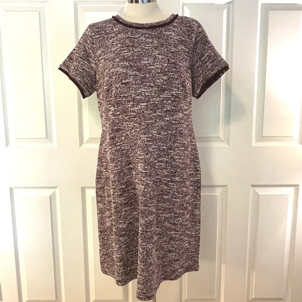 Loft Burgundy Knit Knee Length Fringe Short Sleeve Dress Womens 14